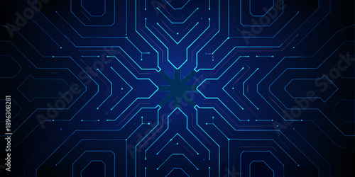 Abstract blue circuit pattern radiating from a central focal point