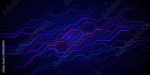 Abstract dark background with glowing blue and purple hexagonal circuitry