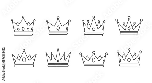 Set of Royal Line Art Crowns, Elegant King and Queen Symbols on Isolated White Background