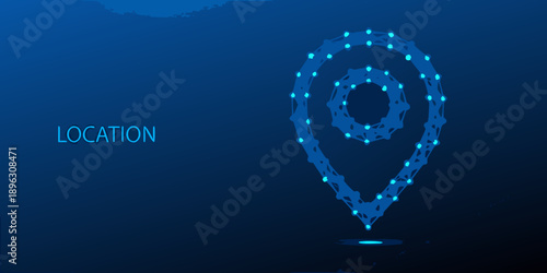 Abstract digital location pin with glowing dots on a dark blue background