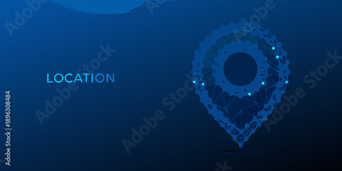 Abstract location pin graphic with connecting dots and blue background