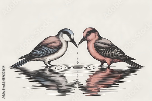 Two birds sharing water from puddle, illustration for conservation or environmental concept, Isolated on transparent background, png
