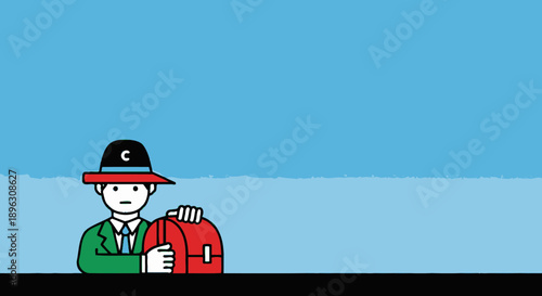 Cartoon Man in Suit and Hat Carrying a Red Briefcase Standing Next to a House with a Blue Sky and Green Grass Background.