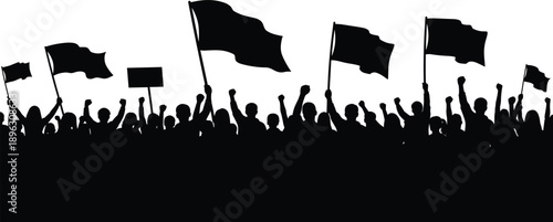 Silhouette of protest crowd, raised fists, waving flags, demonstration unity, political movement, public voice, social action, activism scene, freedom expression