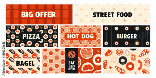 Colorful graphic design featuring various fast food items and patterns