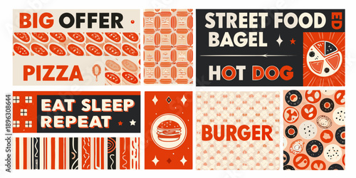 Collage of colorful street food advertisements with pizza bagels and burgers