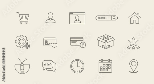 E-commerce and Business Line Icons Set with Shopping Cart, User Profile, Search Bar, Home, Settings, Credit Card, Wifi, Delivery Box, Message, Calendar, Map Pointer on Isolated White Background.