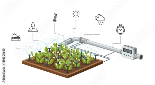 Smart irrigation system with sensors monitoring environmental conditions for efficient plant watering.