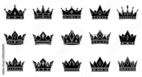 Collection of various black crown icons representing royalty and success on an isolated white background.