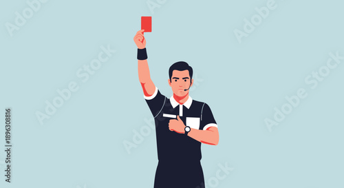 Male soccer referee in uniform showing a red card for player expulsion on a light blue background.