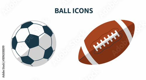 Flat design soccer ball and American football icons representing sports and games on an isolated white background.