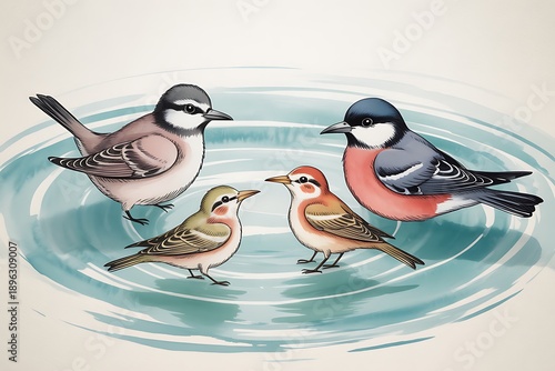 four cartoon birds standing in shallow water, illustration for children's book or educational material, watercolor style, beige background, isolated on white