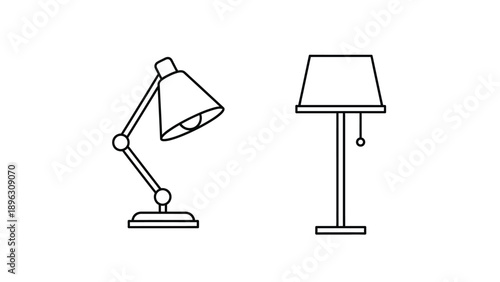 Two desk lamps illustrated in a simple black outline silhouette