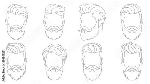 Various male beard and hairstyle designs in a clean silhouette