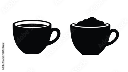 Coffee cup and sugar bowl in stark black outline silhouette
