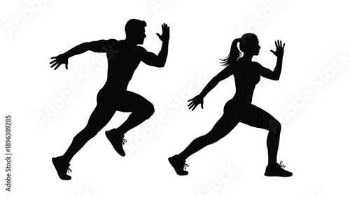 Two people running depicted in a dynamic black silhouette