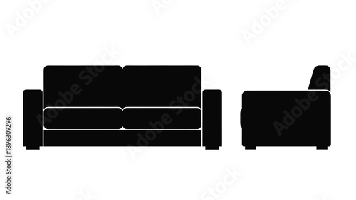 Modern sofa and armchair design presented as a dark silhouette