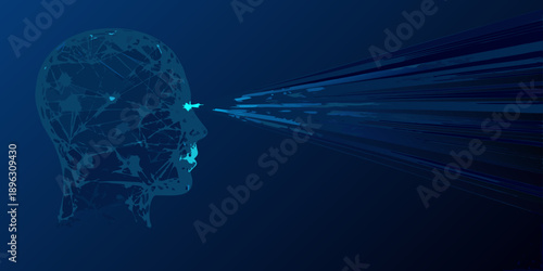 Digital human head with radiating lines representing data flow and connection