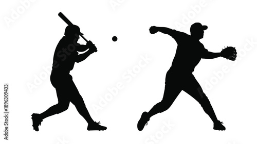 Baseball action scene depicting a batter and catcher silhouette