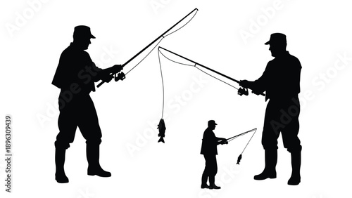 Two adult men and a child fishing together a dark silhouette