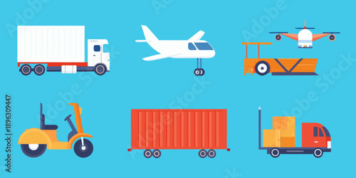 Various modes of transportation and shipping containers illustrated in a flat design