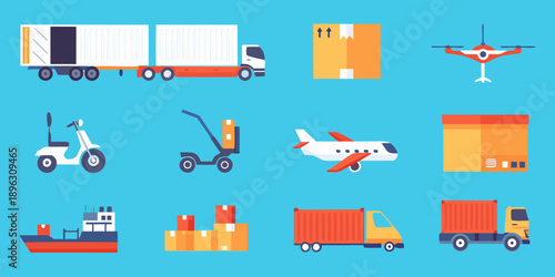 Various modes of transportation and delivery services illustrated in flat design