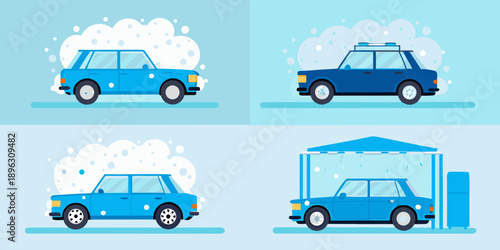 A blue car undergoes a washing process in four distinct stages