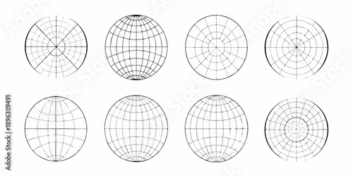 A series of six circular diagrams showing different spherical projections