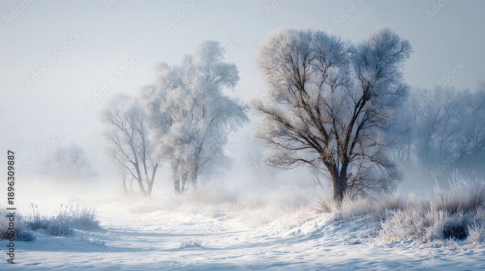 Obraz premium Serene Winter Morning with Hoarfrost Covered Trees in Misty Field