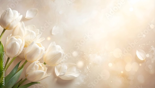Elegant white tulips arranged on a textured background, radiating with soft, golden light and gentle bokeh effects