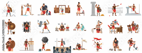 Roman Gladiators and Gladiatrices: Daily Life, Training, Combat, and Victory Scenes Vector Illustration Collection.