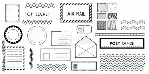 Collection of black and white illustrated stickers and stationery elements