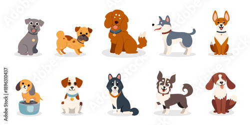 Collection of cartoon dogs in various colors and breeds displayed together