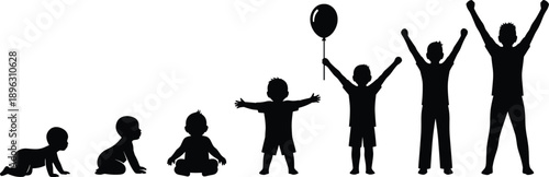 lhouette evolution of child growth from baby crawling to teenager raising hands, stages of childhood development, isolated vector illustration on white background