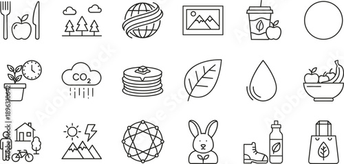 Sustainable lifestyle line icons set with food nature climate eco health energy symbols vector illustration