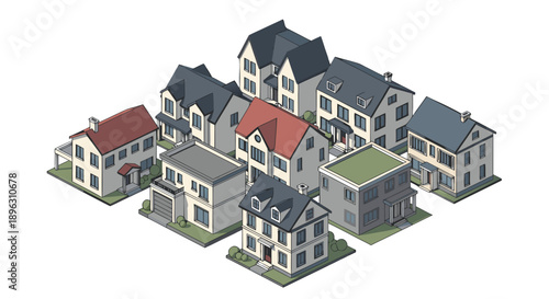 Modern suburban neighborhood with various houses