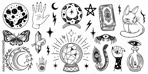 Mystical tattoo flash sheet with celestial occult and animal imagery
