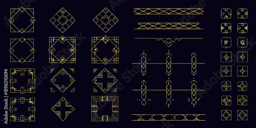 Art deco geometric patterns and borders in golden hues on a dark background