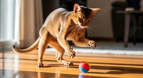 Wallpaper Mural Abyssinian cat playing with a small ball on a wooden floor in bright daylight Torontodigital.ca