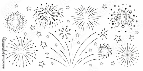 A collection of hand drawn fireworks and stars in black and white