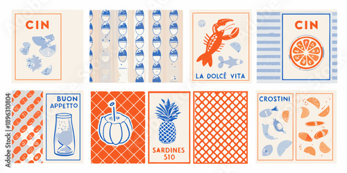 A collection of italian themed illustrated cards featuring food and text