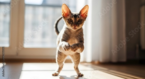 Wallpaper Mural Alert devon rex cat standing indoors sunny day front view elegant pose Torontodigital.ca