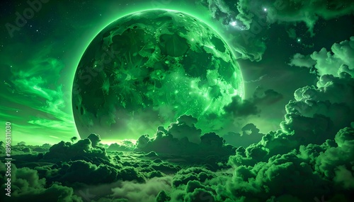 Emerald luminescence bathes a cloudy skyscape, highlighting a colossal moon amongst swirling, dense atmospheric layers