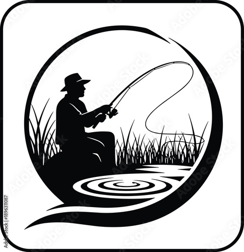 Person fishing in nature, black and white vector illustration, peaceful outdoor scene, circular design, silhouette art, calm moment, recreational activity drawing