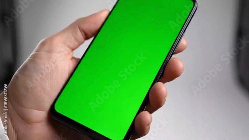 Hand holding smartphone with green screen display against a soft background