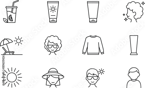 Summer beauty and skincare line icons set with sunscreen drinks sun people lifestyle vector illustration outline