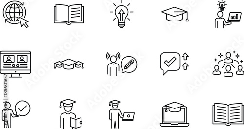 Education and e learning line icons set with online study graduation knowledge training communication vector illustration