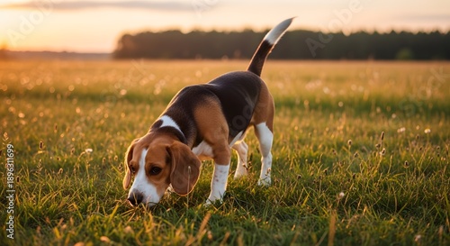 Wallpaper Mural Beagle dog exploring grassy field with sunlight and blurred background Torontodigital.ca