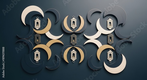 Wallpaper Mural Decorative crescent moons and lanterns on a dark blue background Torontodigital.ca