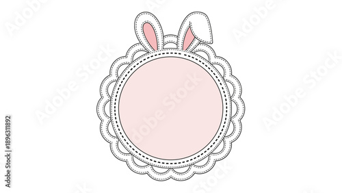 Round pink lacy frame with cute bunny ears on top and a dotted border design perfect for easter greetings and nursery decorations.